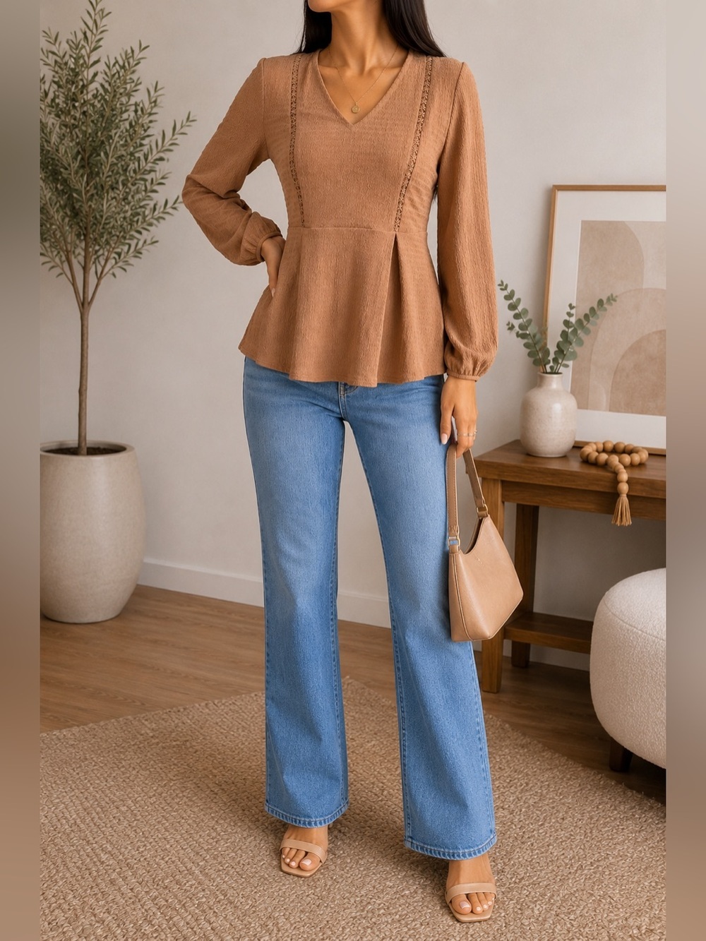 Ember Textured Peplum Blouse 3/4 Sleeve Lace Detail Feminine Top Neutral M
